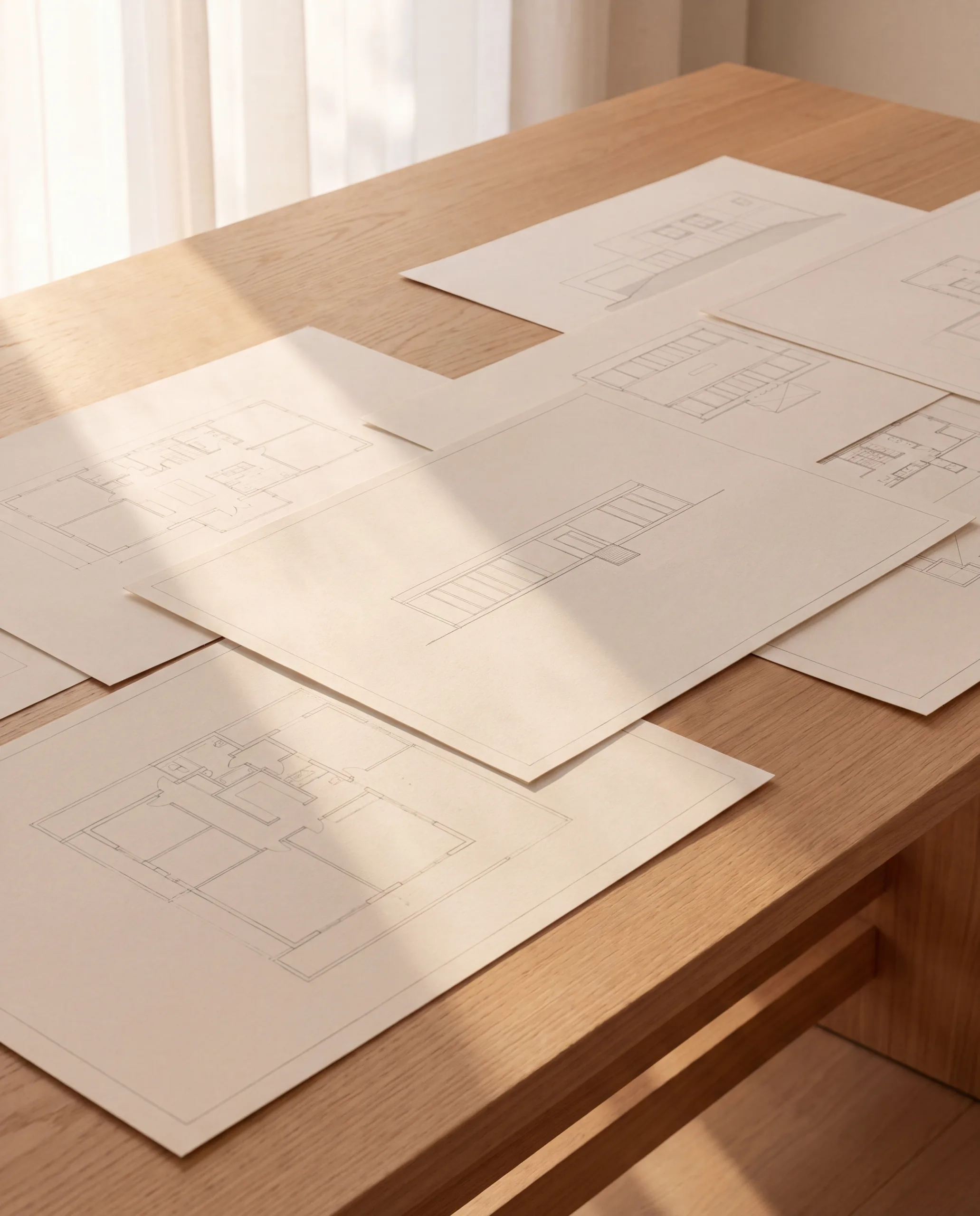 Desenhos técnicos de um novo projeto Armazém 810 sobre a mesa do atelier